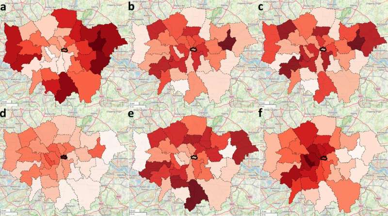 London food landscape per neighborhoods, represented for (a) obesity prevalence in adults, (b) meal balance index, (c) nutrient-rich score, (d) dietary fibers, (e) potassium, and (f) housing prices. Areas with darker red gradients correspond to higher values. The City of London is marked in black at the center of the map. Implemented using Python (v3.10., https://www.python.org/downloads/release/python-3100/), geopandas (v0.8.1, https://geopandas.org/en/v0.8.1/reference.html), and Folium (v0.11.0, https://python-visualization.github.io/folium/version-v0.11.0/index.html). Credit: Scientific Reports (2025). DOI: 10.1038/s41598-025-08098-9 Study shows a link between obesity and what’s on local restaurant menus